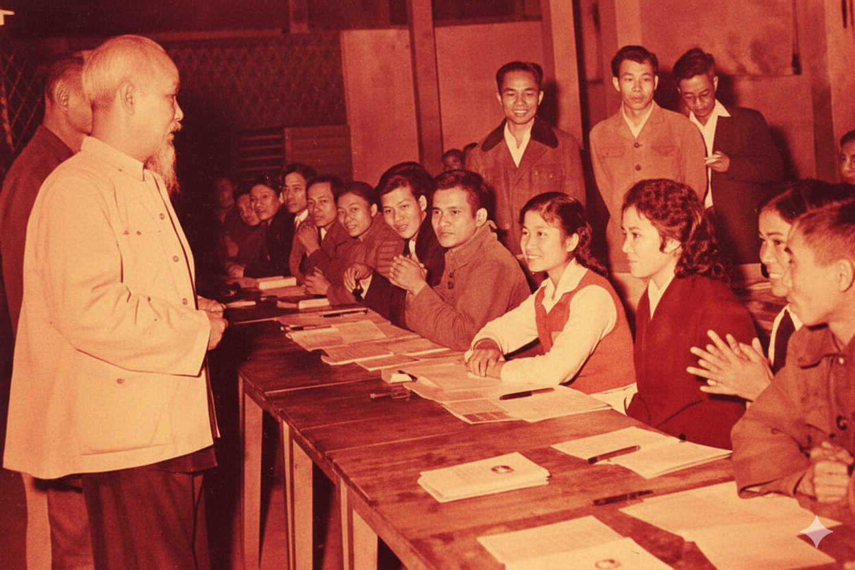 Bác Hồ giảng bài cho cán bộ